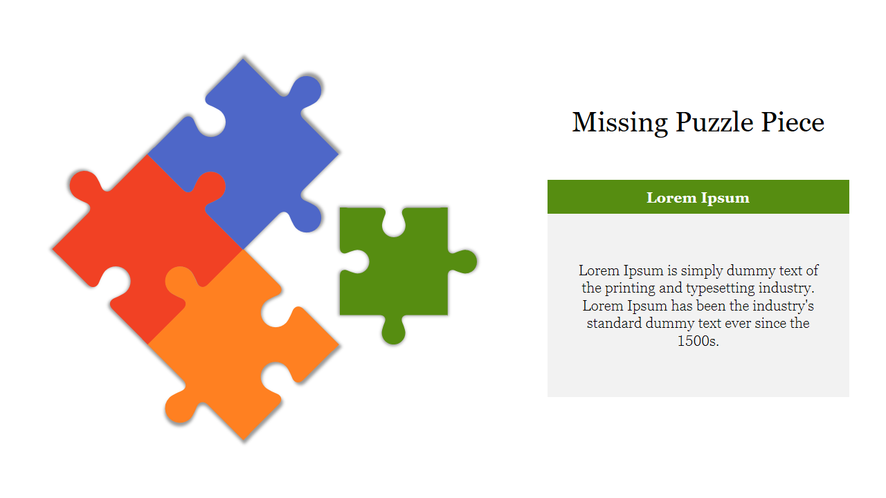 A slide showing four colorful puzzle pieces with one missing piece, accompanied by a placeholder text box.