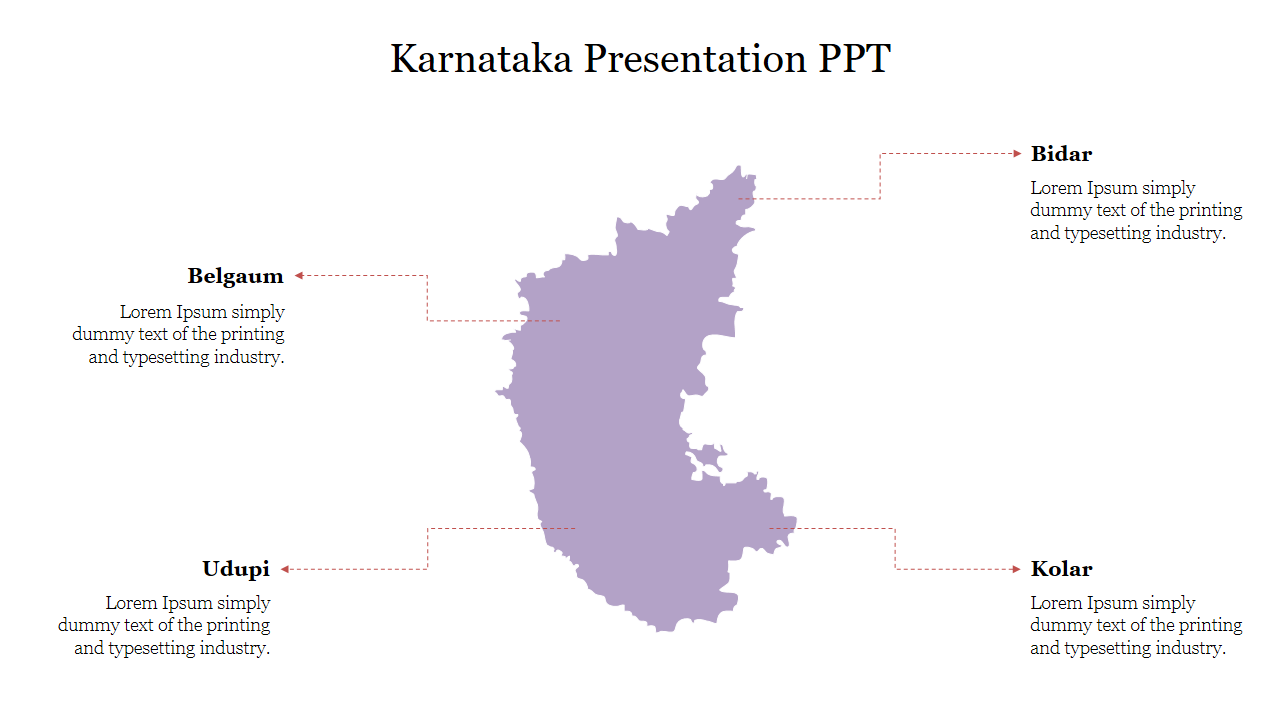 Map of Karnataka in a light purple hue, featuring directional labels for five cities with placeholder text.