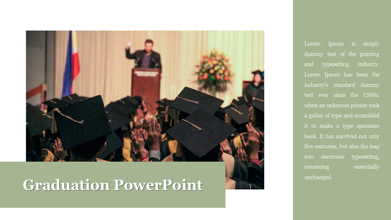 Graduation ceremony slide with students in caps and gowns, a speaker at the podium, and floral arrangement in the background.