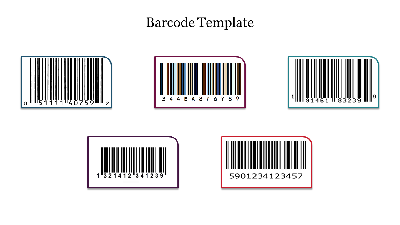 A slide showcasing five barcode slide, each with distinct numbers and different colored borders.