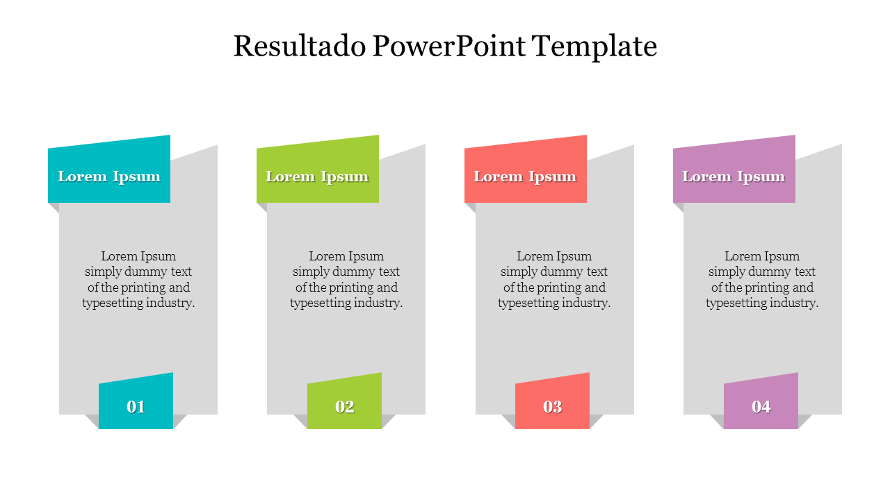 Colorful result cards with numbers 01 to 04, each containing placeholder text, presented in a gray background with labels.