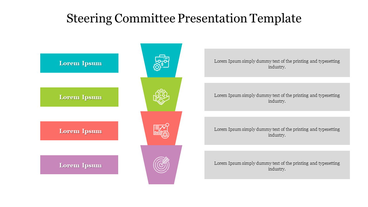 Steering committee slide with colored segments and icons representing key steps, paired with text boxes on the right.