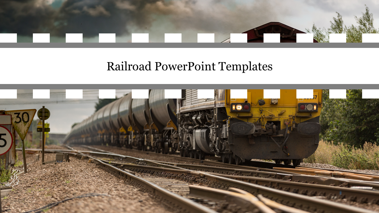 Locomotive on railroad tracks with a filmstrip banner overlay and text in the middle, with cloudy sky in the background.