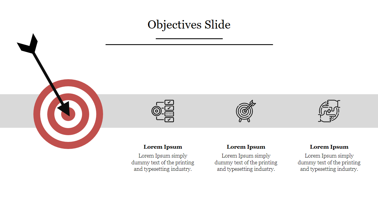 Objectives PPT slide featuring a target with an arrow and icons representing tasks, goals, and progress on a white theme.