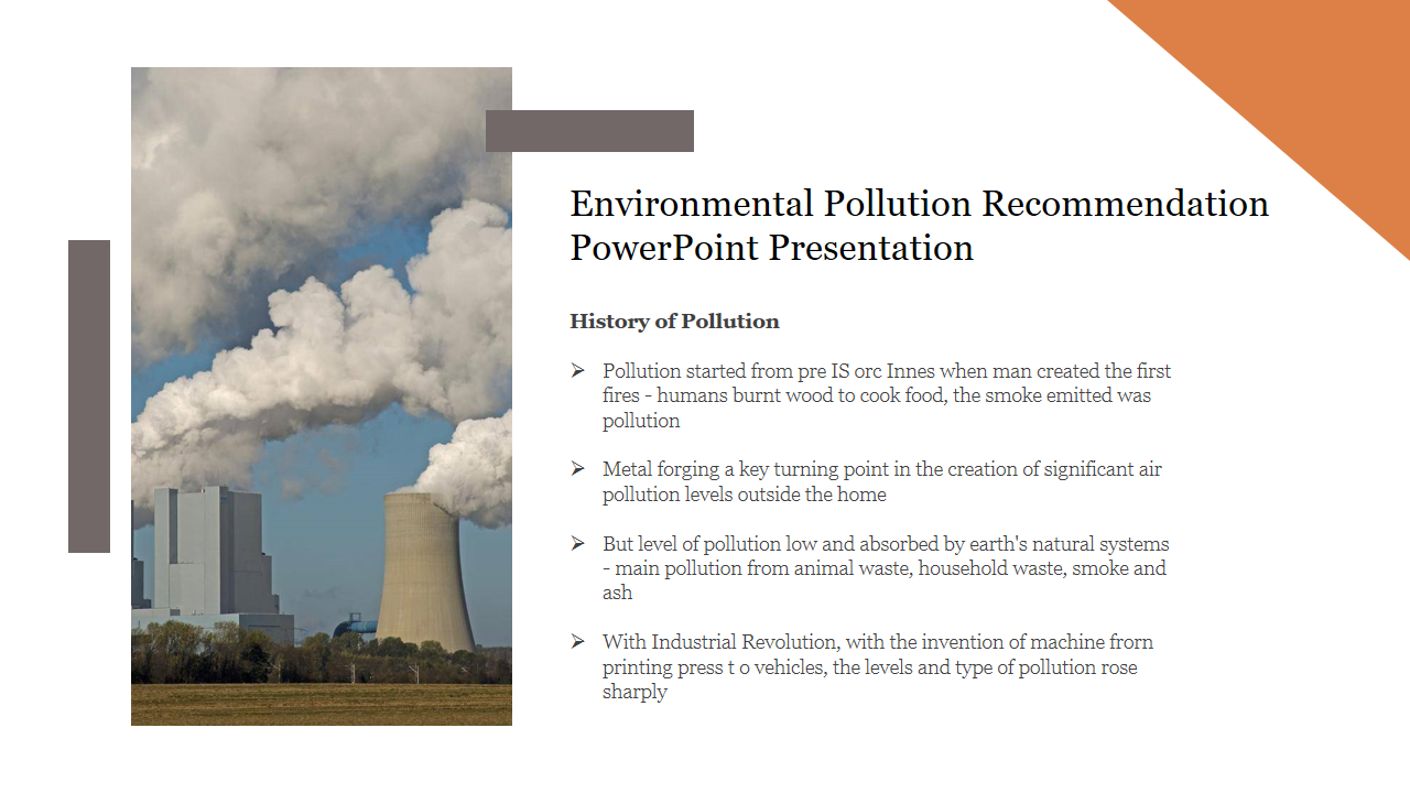 Image of a smoke-emitting industrial facility, with text on the right discussing the historical development of pollution.