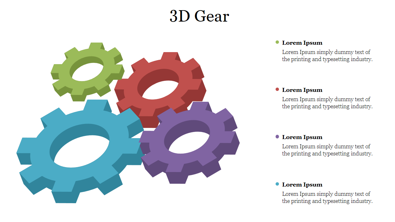 Slide showcasing a 3D gear design with four colorful gears in different orientations, along with four captions for text.