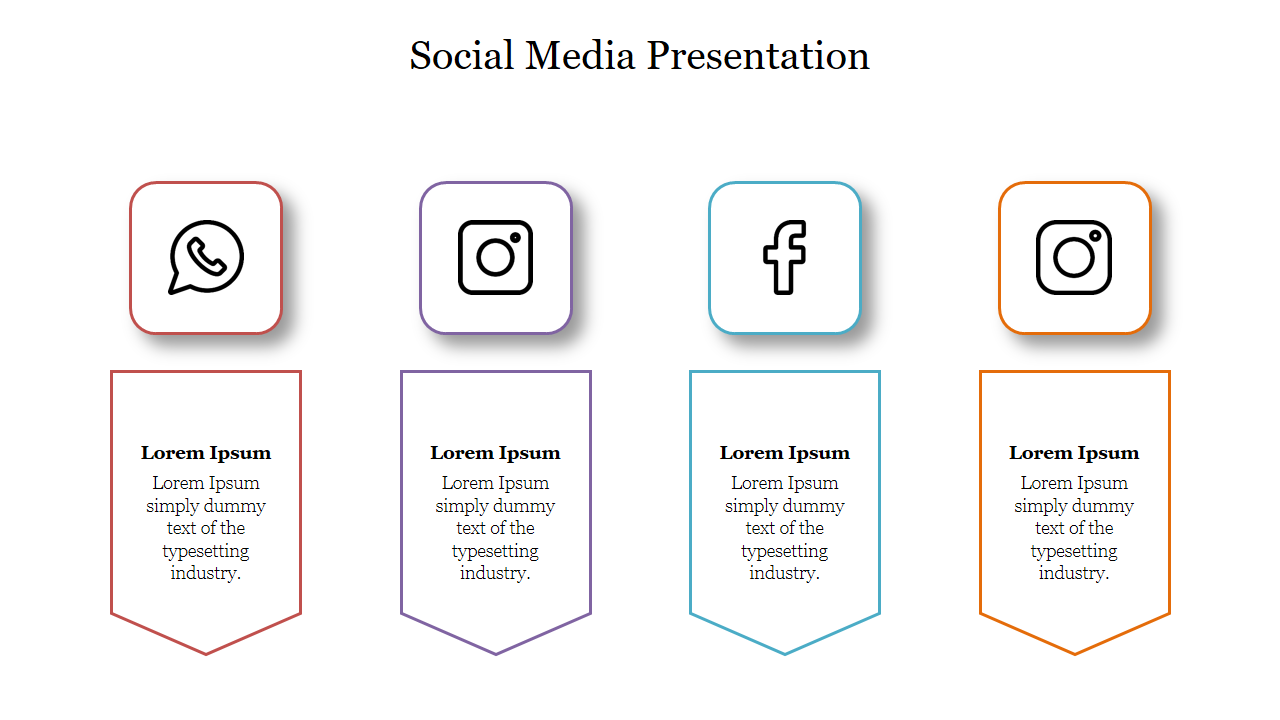 Social media slide with outlined icons and matching color bordered text boxes in red, purple, blue, and orange.