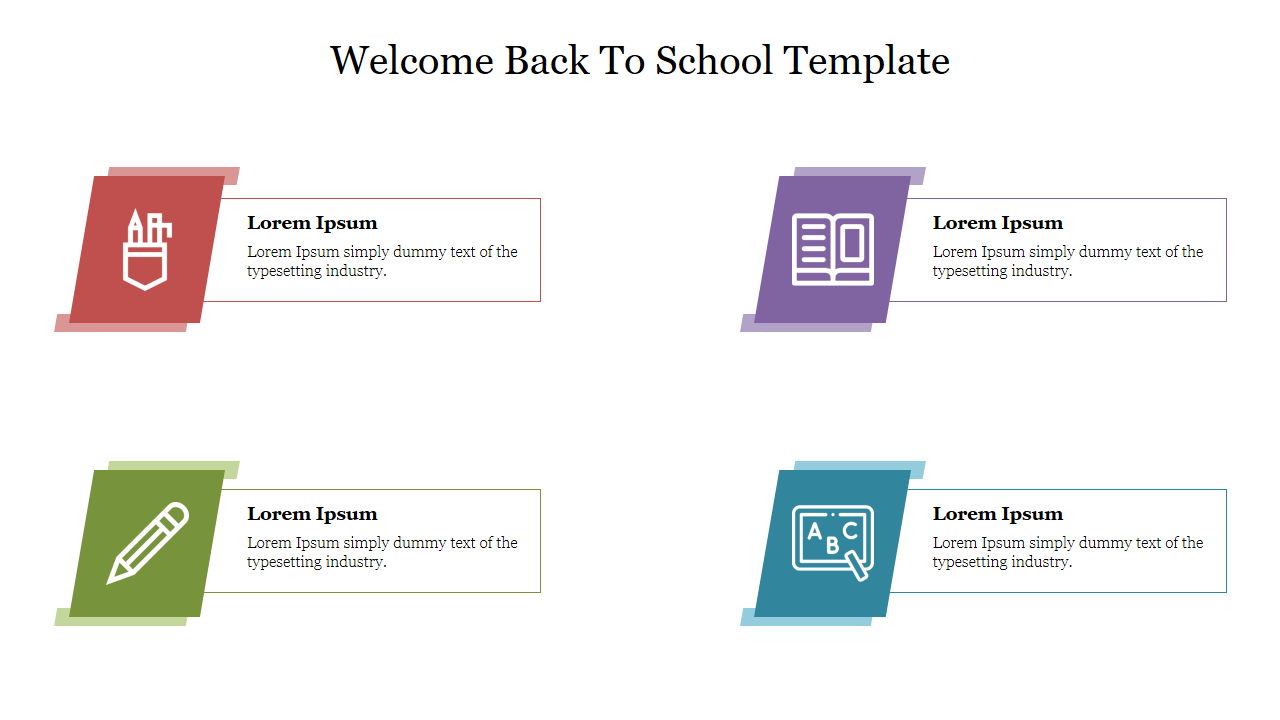 Back to school template with icons for supplies, book, pencil, and chalkboard, each in colorful panels.