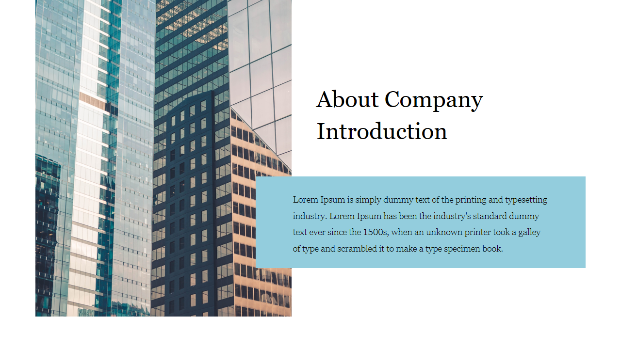 About Company Introduction slide featuring a modern office building background with placeholder text on a blue theme.