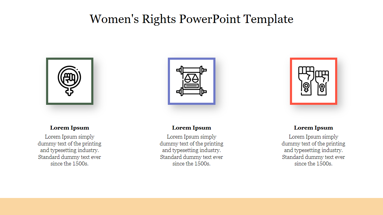 Women's rights slide with three icons in green, blue, and red borders, each with descriptive text below.