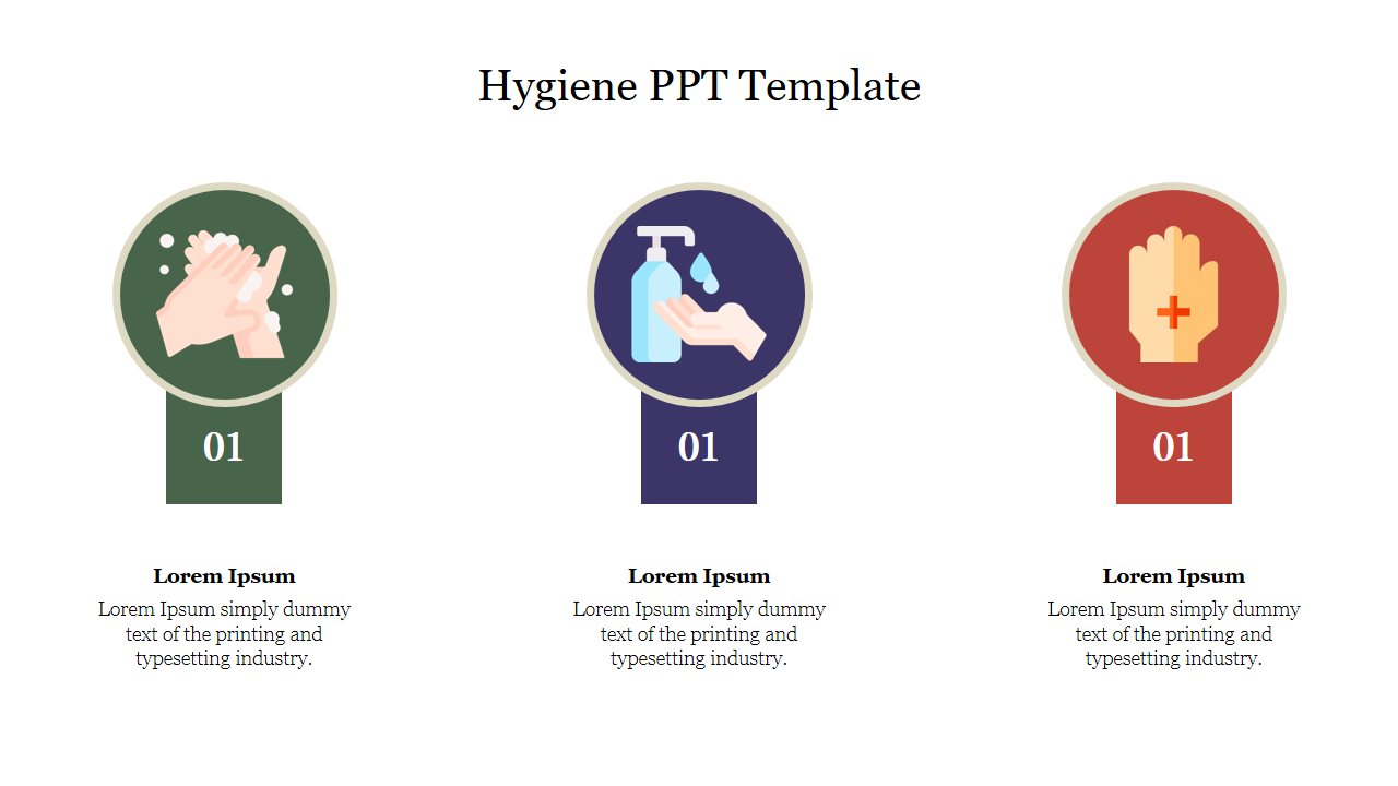 Hygiene PowerPoint slide featuring colorful icons for handwashing, sanitizer, and first aid with placeholder text.