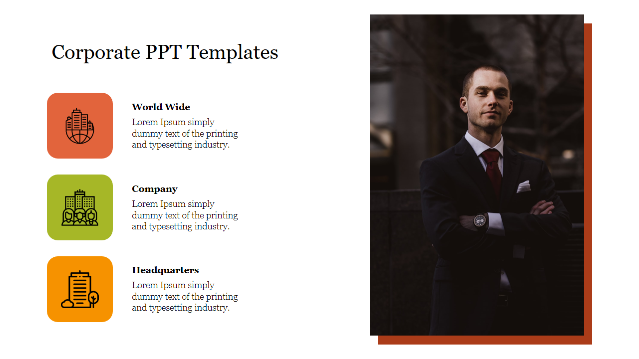 Corporate PPT slide with sections for World Wide, Company, and Headquarters, featuring a professional business portrait.