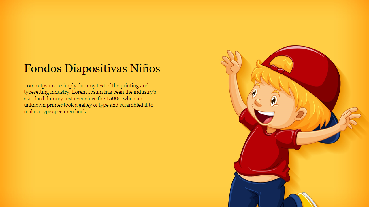 Fondos diapositivas ninos slide featuring a happy child in a red shirt, on a yellow background and text on the left.