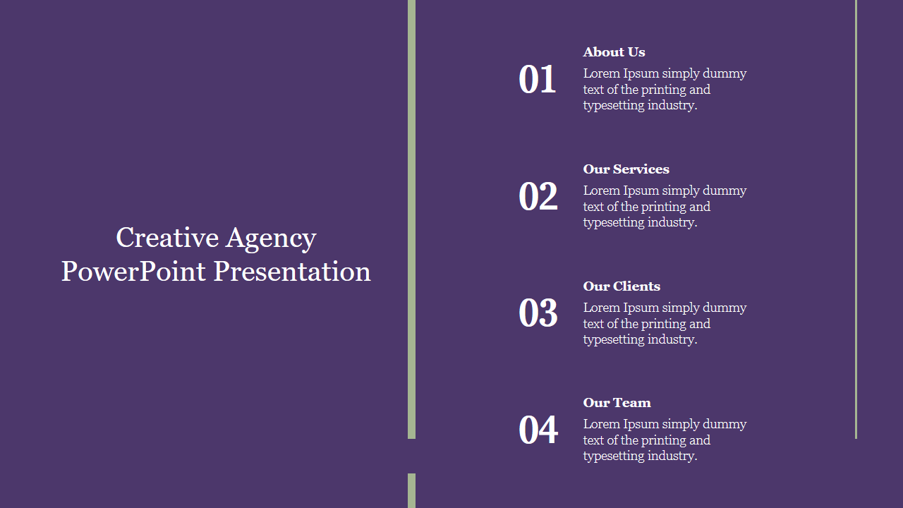 Creative agency PowerPoint slide with a purple background and numbered sections for about us, services, clients, and team.