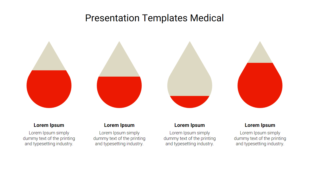 Slide featuring four medical themed icons shaped like red teardrops with beige tops, and captions below.