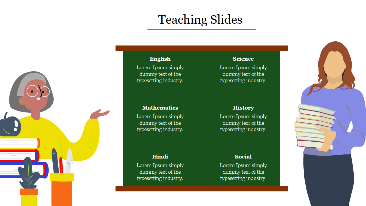 Teaching slide with a green board listing subjects, and colorful illustrations of a teacher and books on either side.