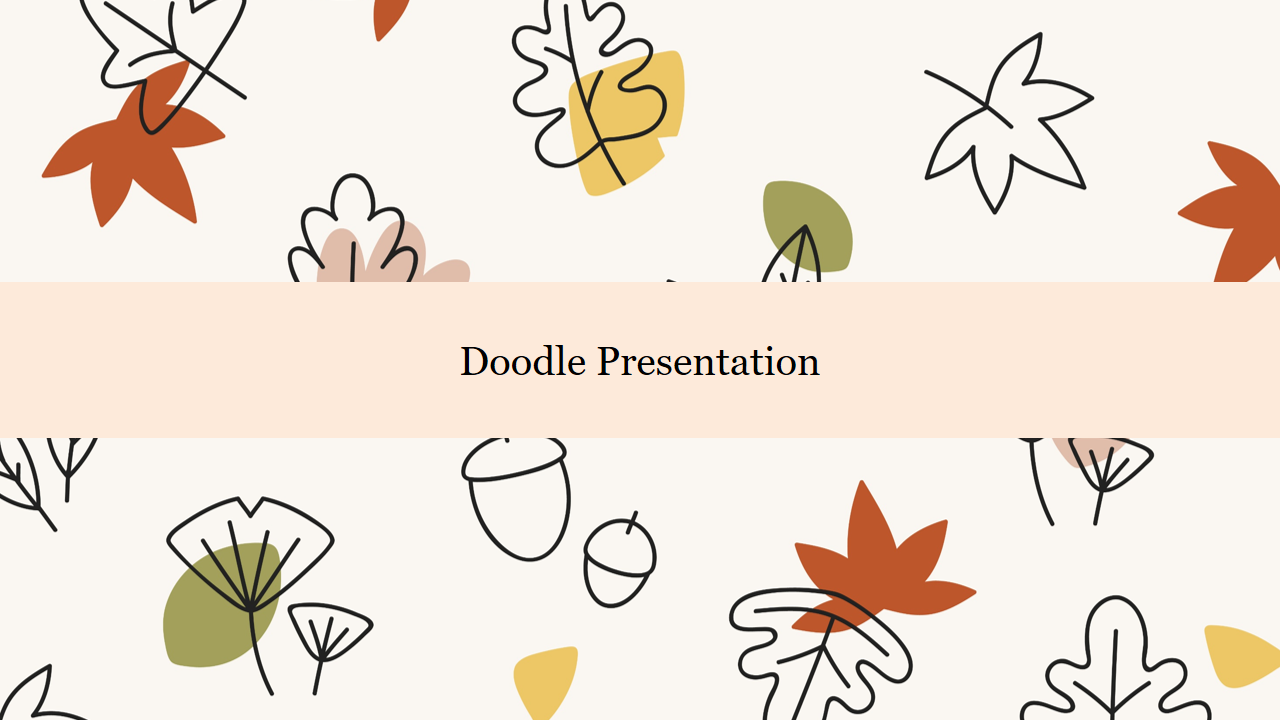 Doodle style autumn leaves and acorns in warm colors on a light background with a beige banner displaying the title.