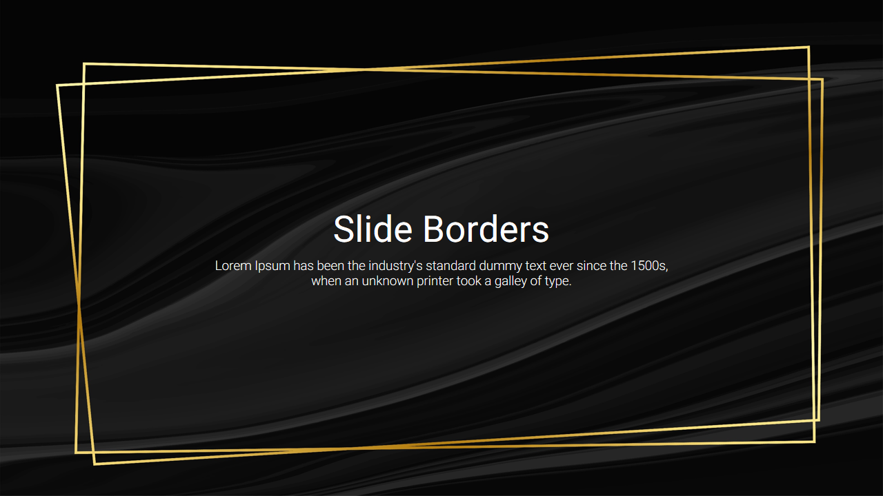 Elegant Google slide featuring a sleek black background with gold geometric borders and text area.