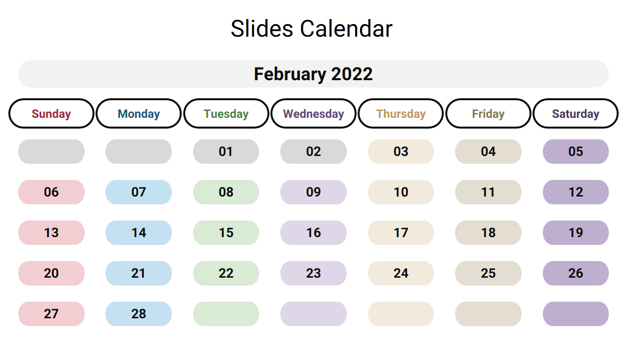 Monthly calendar for February 2022, showing days in soft colored boxes, with Sunday highlighted in red.