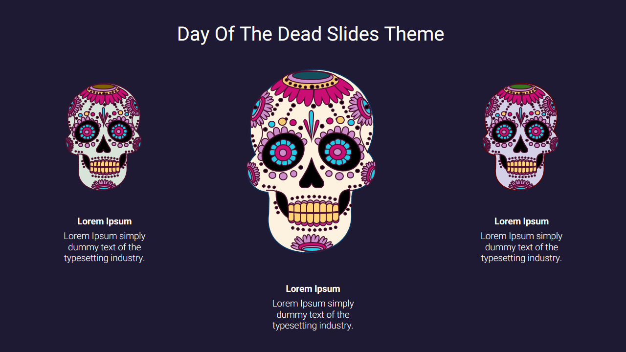 A slide featuring a Day of the Dead theme, showcasing colorful skull illustrations with decorative elements and text.