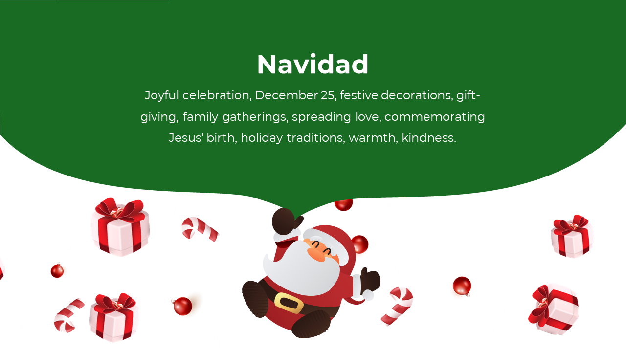 Diapositivas de navidad slide with gifts, candy canes, and a Santa Claus illustration, featuring a green text background.