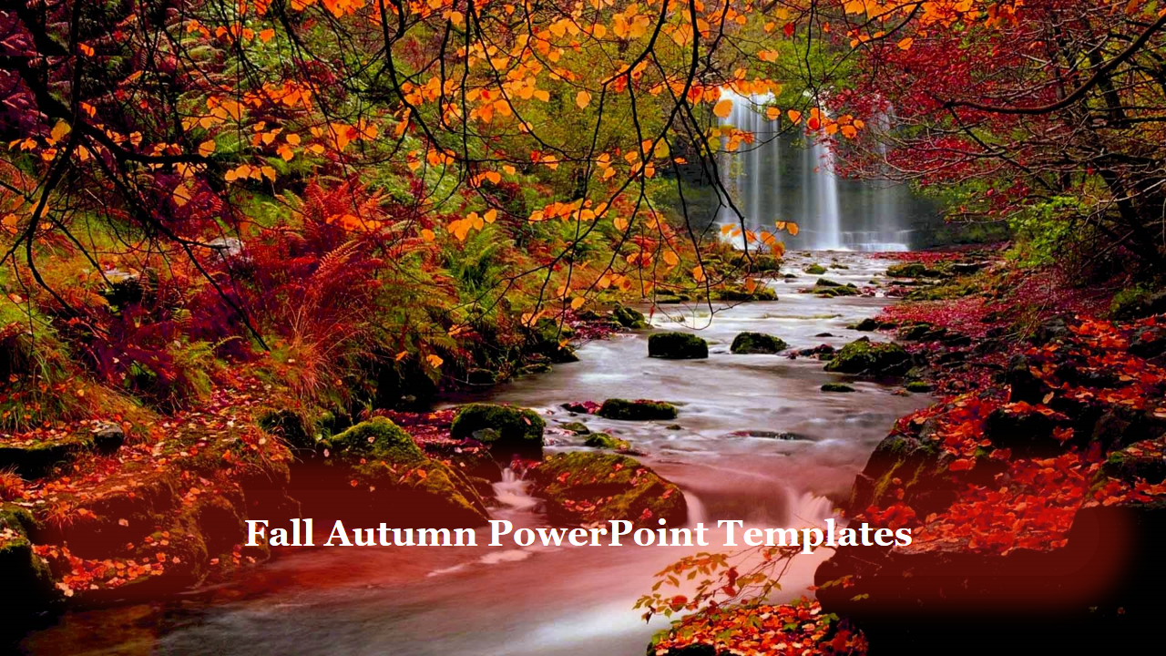 Autumn landscape with vibrant orange and red leaves, a flowing stream, and a waterfall in the background.