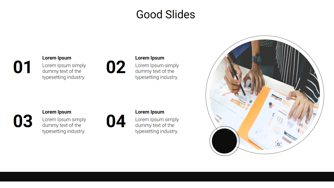 Professional team collaborating on graph charts and data analysis in a clean and modern PowerPoint slide layout.