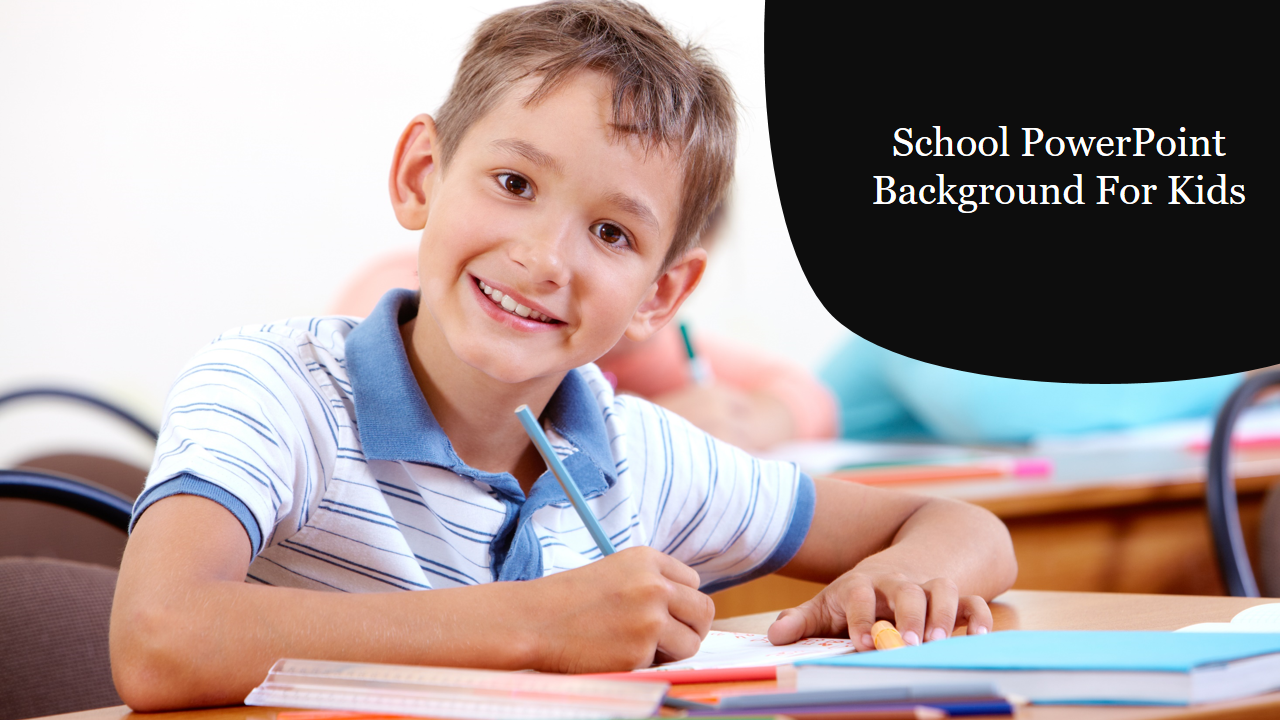 School slide featuring a cheerful boy in a classroom background, writing in a notebook, with a black banner on the right.