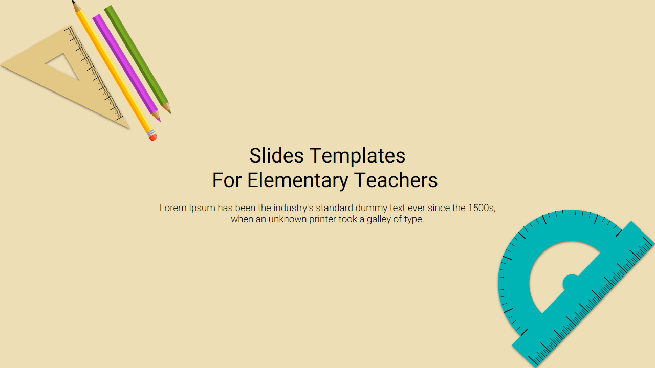 Slide for elementary teachers featuring rulers, pencils, and protractors on a light beige background.