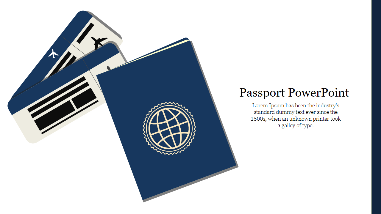 A slide with a blue passport and boarding passes illustration, paired with text on a clean white background.