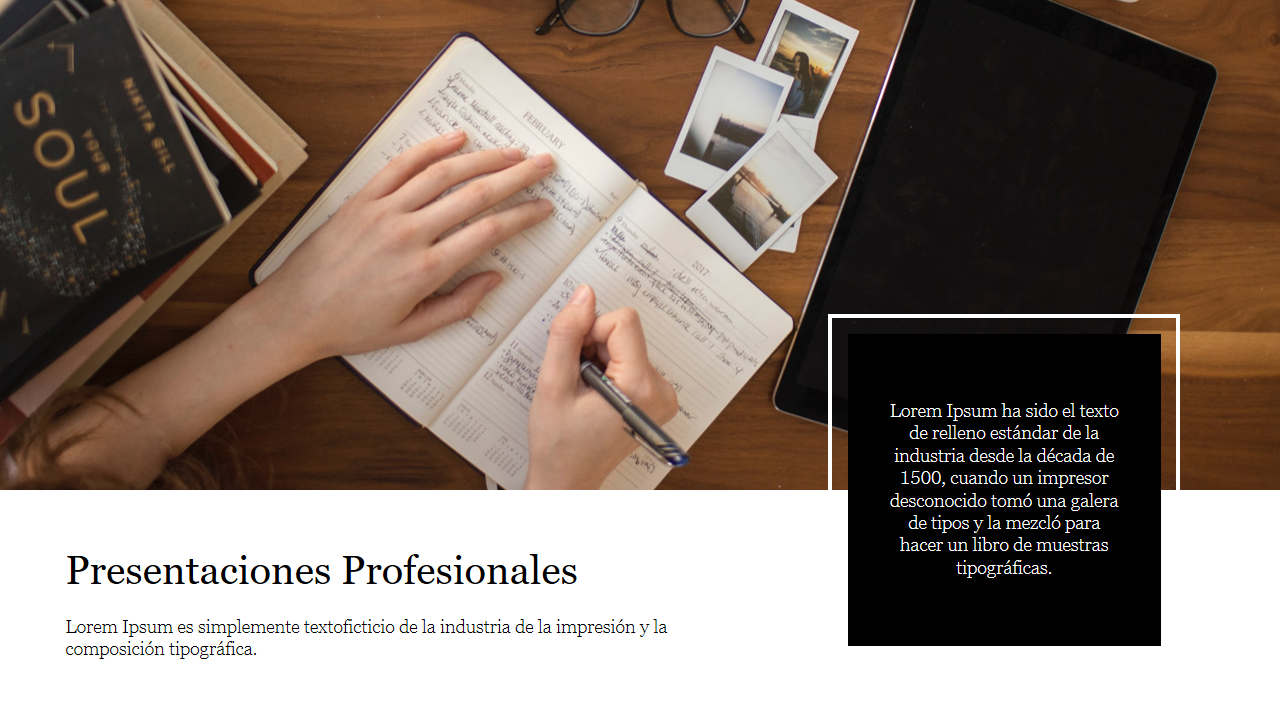 Profesionales template with a hand writing in a notebook, featuring books, photos, and a tablet on a wooden desk.