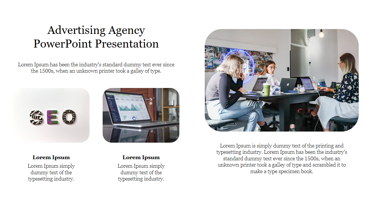 Advertising Agency slide with images of SEO letters, analytics on a laptop, and a team collaborating around a table.