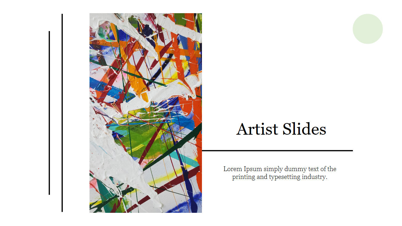 Slide with an abstract multicolored painting on the left and minimalist layout for artist description on the right.