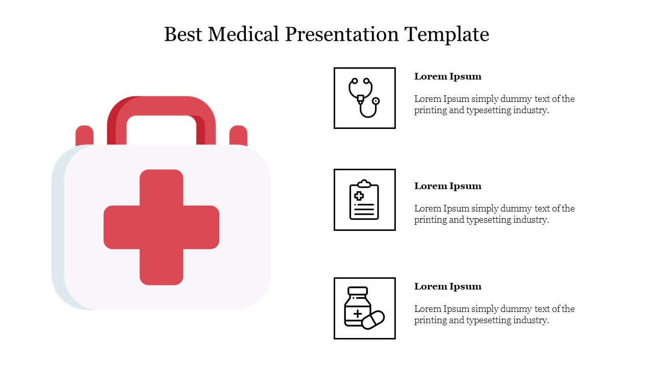 Medical presentation template with a red first aid kit and three white icons paired with captions on the right.