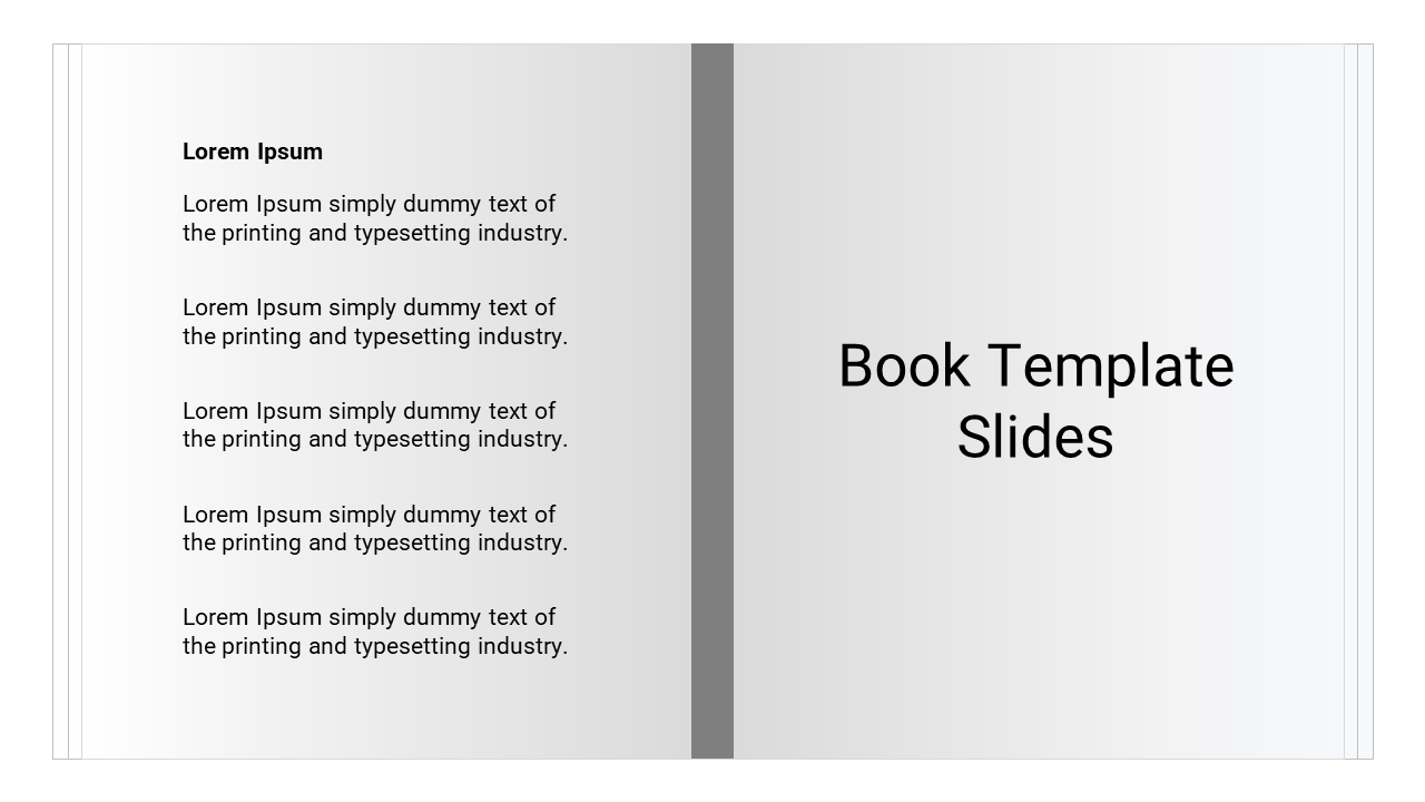 Open book slide with placeholder text on the left and title on the right.