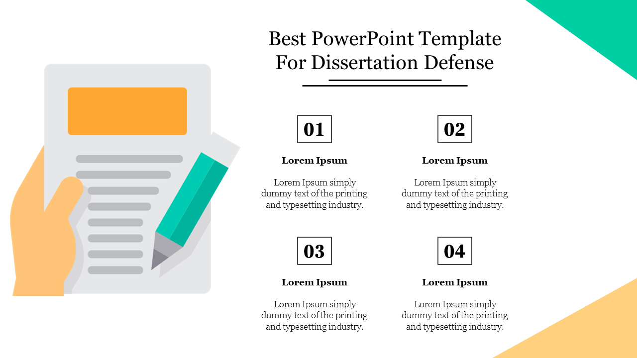 Dissertation-themed slide with a hand holding a document and pencil illustration with four numbered text boxes.