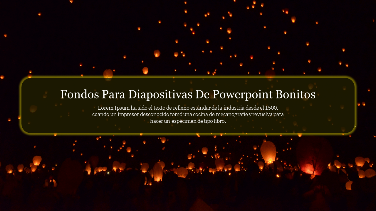 Fondos Para Diapositivas De Bonitos featuring a dark sky illuminated by glowing lanterns, with text in green box.