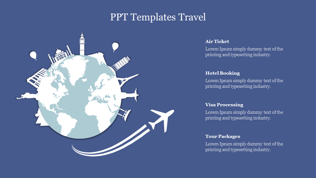 Illustration of a globe with iconic landmarks and an airplane, accompanied by text sections for travel related services.