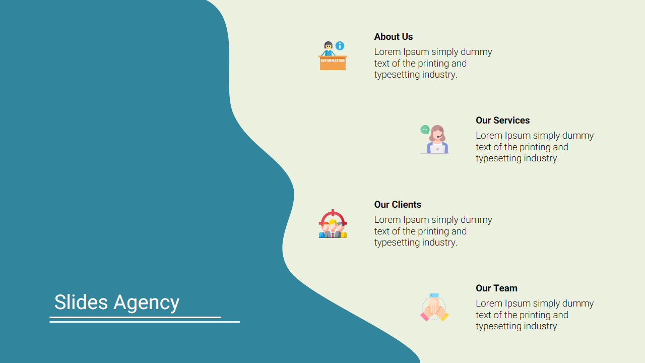 Slides Agency template with sections for About Us, Our Services, Our Clients, and Our Team with placeholder text and icons.