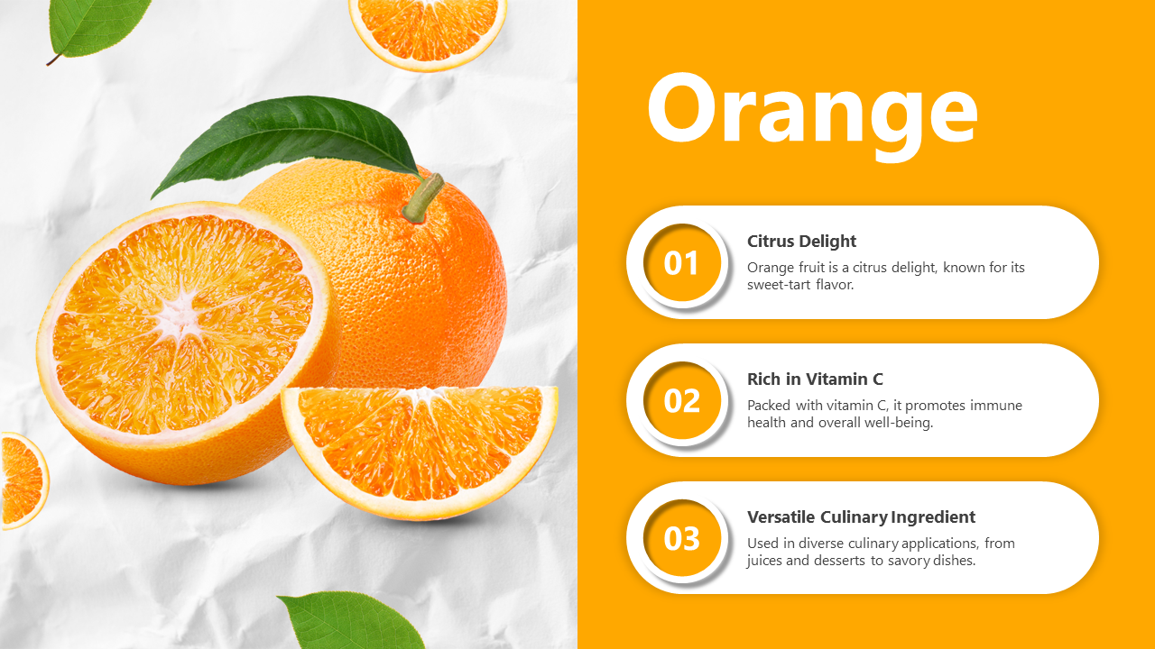 Whole and sliced oranges with leaves on the left, paired with three white text sections on a yellow background.