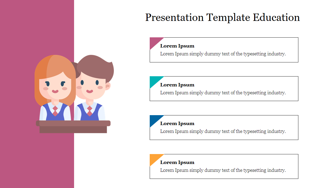 Education slide with an illustration of two students at a podium and four text boxes in different colors on the right.