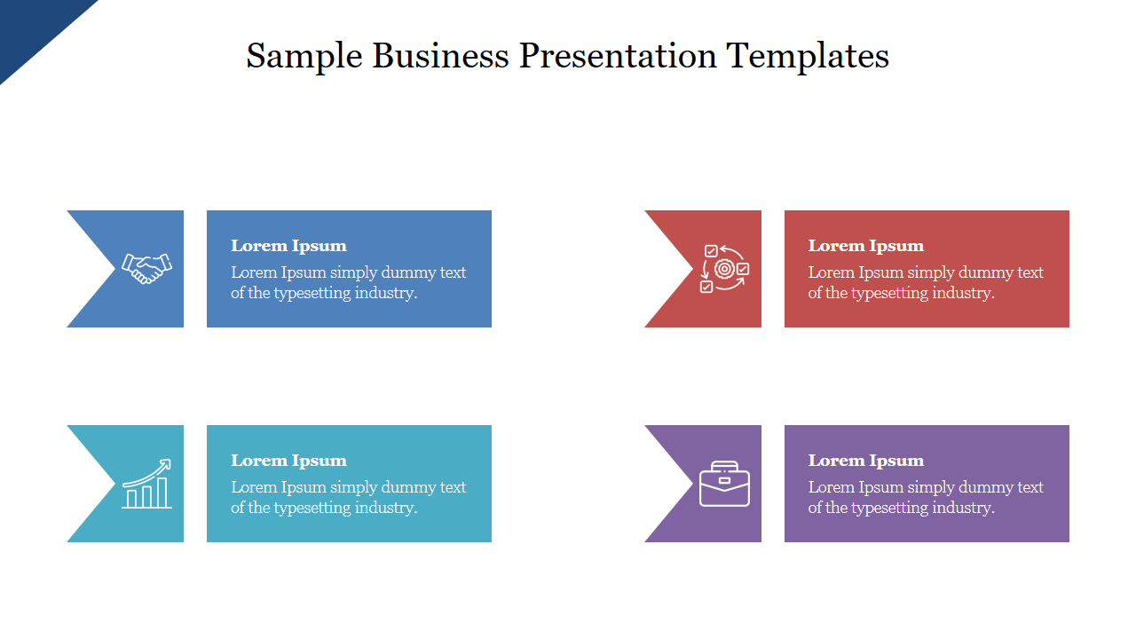 Sample business presentation template with icons for handshake, goals, growth, and briefcase in a colorful text box.