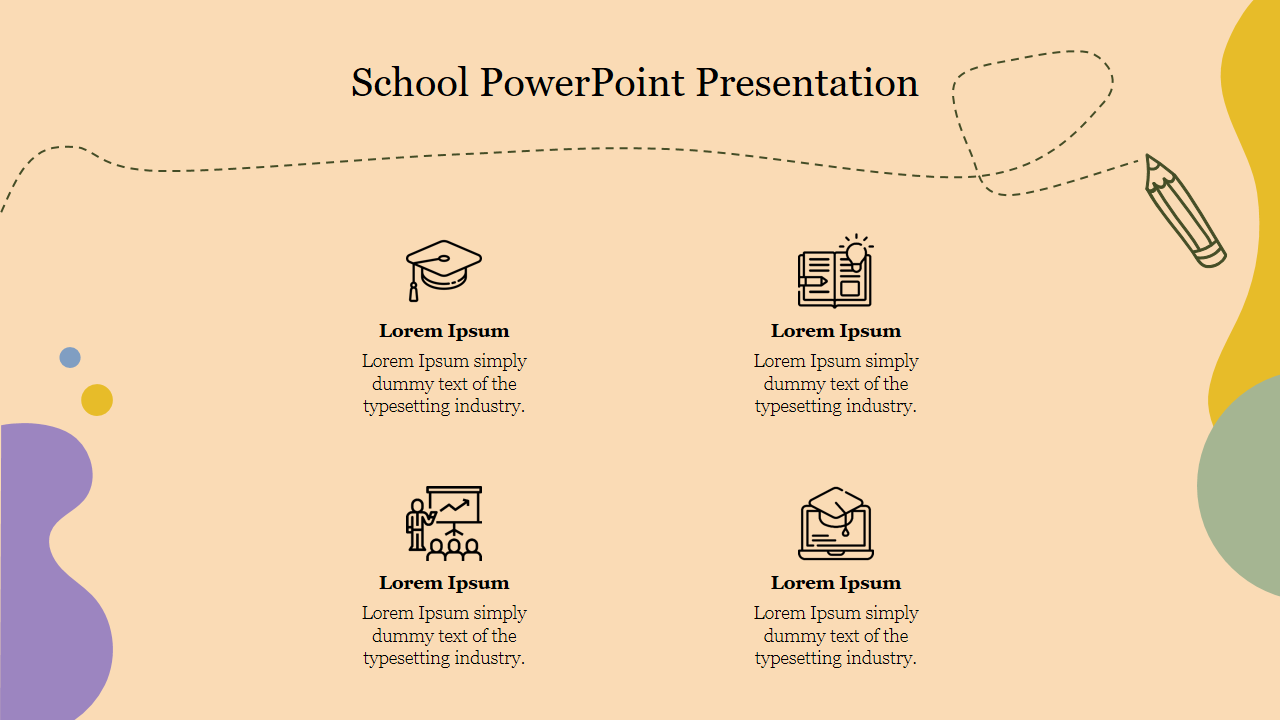 School-themed slide with educational icons, including a graduation cap, book, and presentation board.