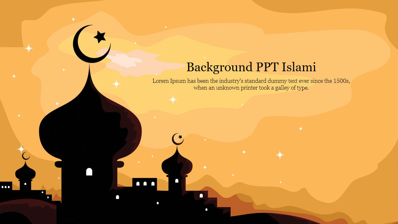 Islamic themed slide background with mosque silhouettes against an orange sky and stars with placeholder text.