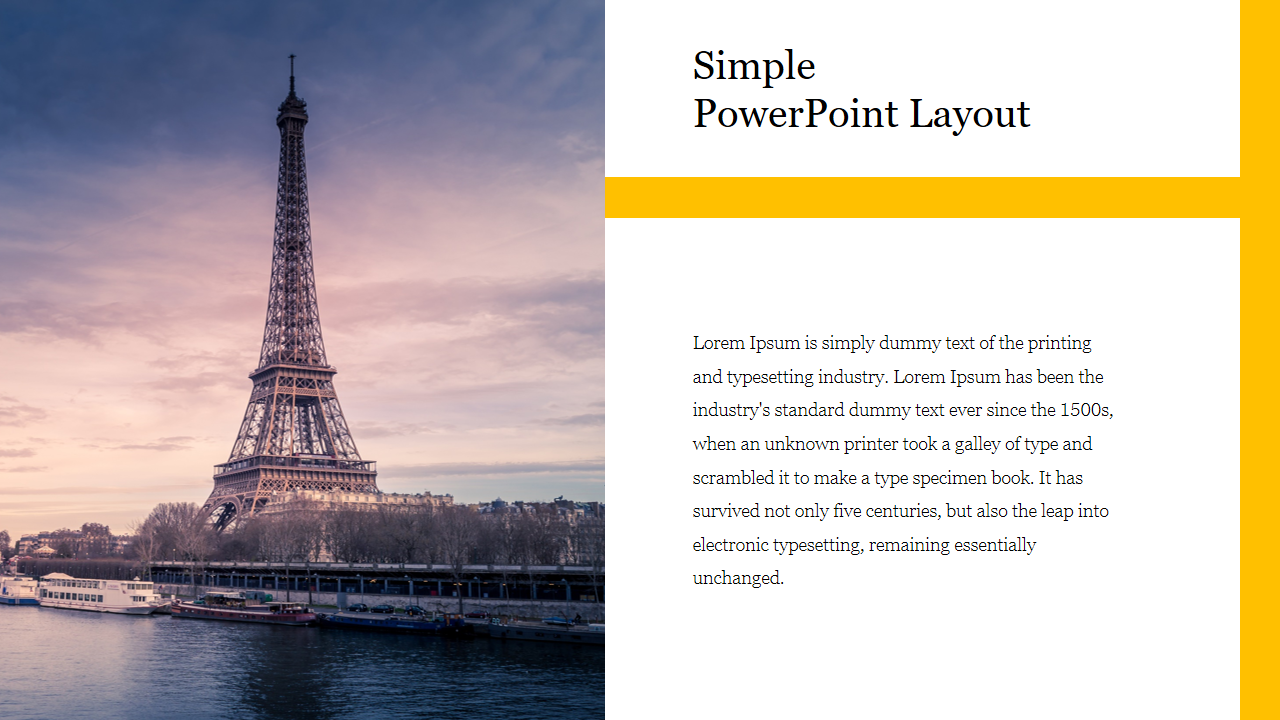 Simple layout with a photo of the Eiffel Tower and text on the right side, highlighted by a yellow border.