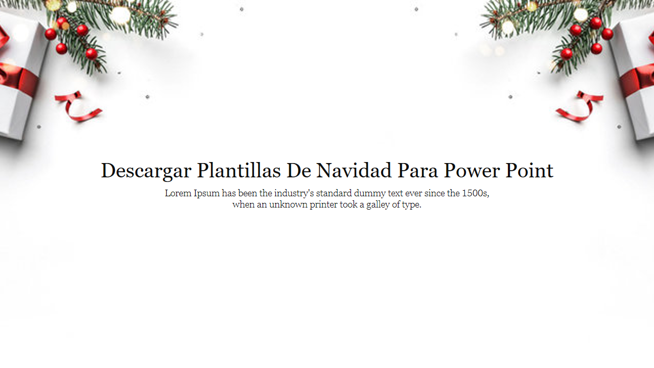 Descargar plantillas de navidad with pine branches, ornaments, and  gifts framing the top corners and text in the center.