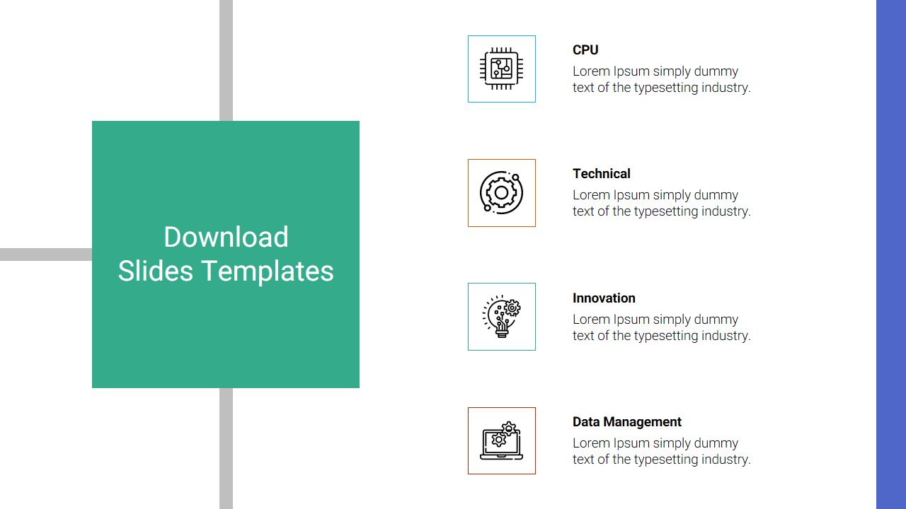 Google slide template featuring sections for CPU, Technical, Innovation, and Data Management with icons and placeholder text.