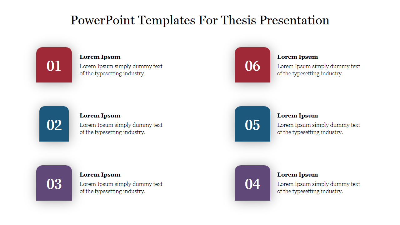 Slide design for a thesis presentation with six colored boxes, each numbered and containing sample text.