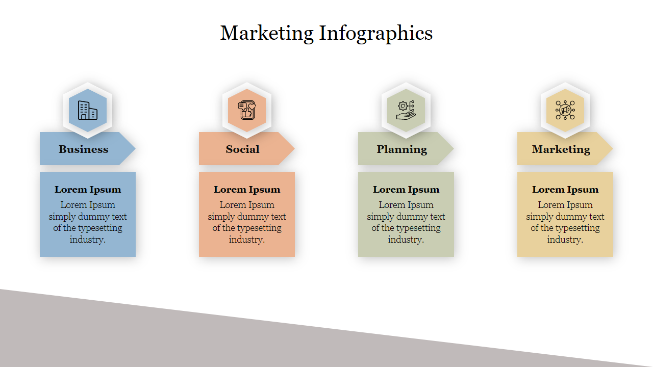 Marketing infographic template with four distinct labeled blocks, each featuring an icon and caption area.