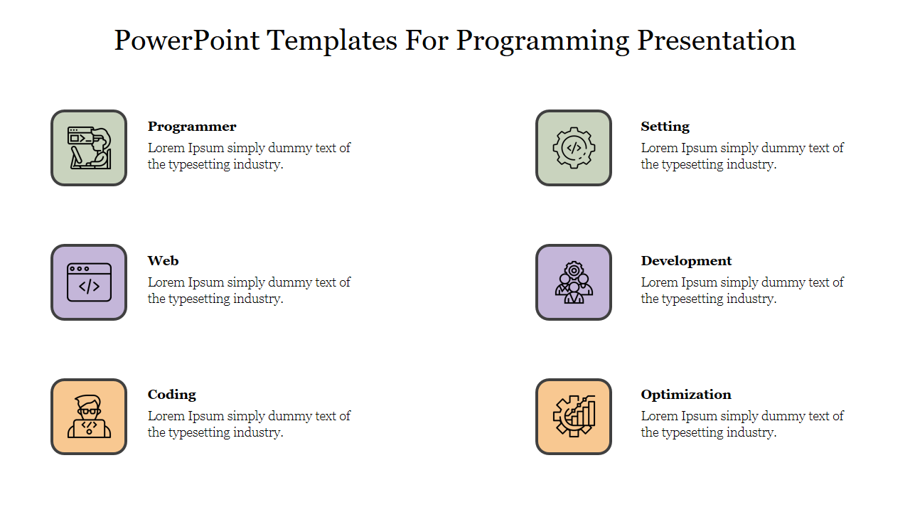 Programming presentation slide featuring sections for various topics with color coded icons and placeholder text.